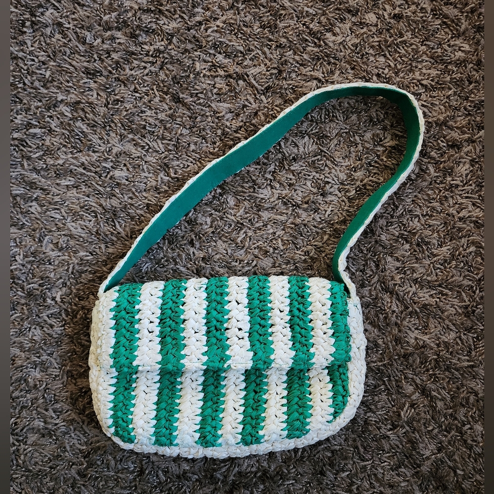 Anthropologie Green Striped Paper Raffia Shoulder Bag
